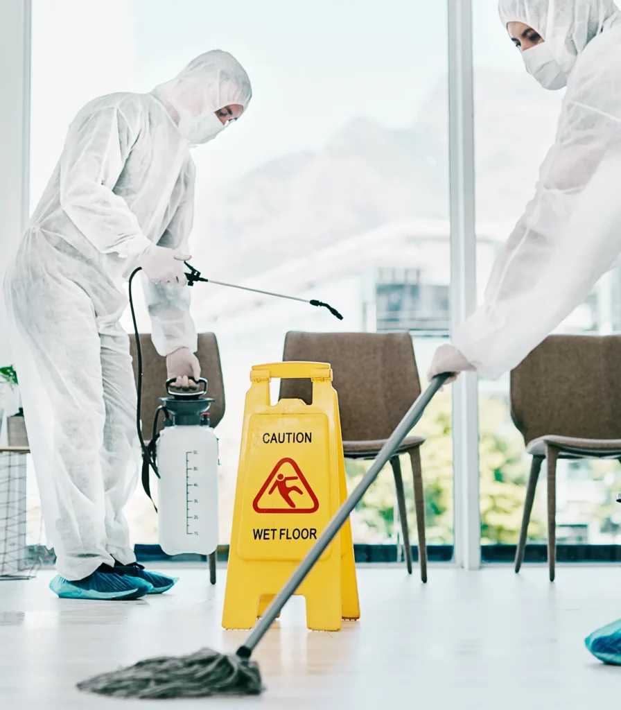 people cleaning a floor with white suits on